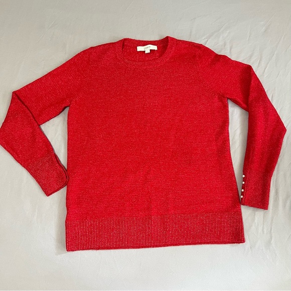 Loft Red Sweater Pearl sleeve Wool Blend Round Neck Long Sleeve size M - Picture 6 of 15
